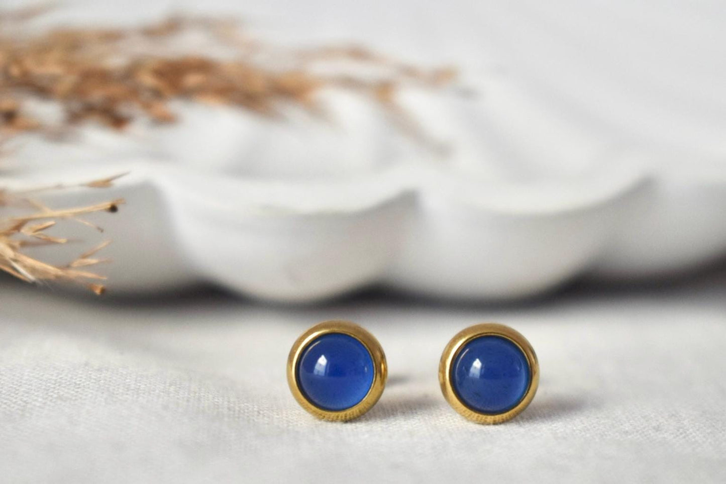 Mini Blue Agate Stud Earrings: 18k Gold Plated, Birthstone Jewelry