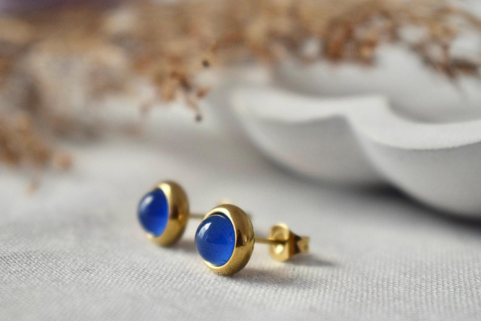 Mini Blue Agate Stud Earrings: 18k Gold Plated, Birthstone Jewelry
