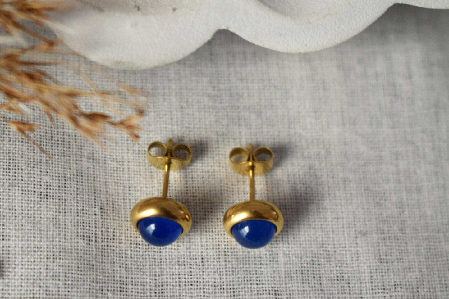 Mini Blue Agate Stud Earrings: 18k Gold Plated, Birthstone Jewelry