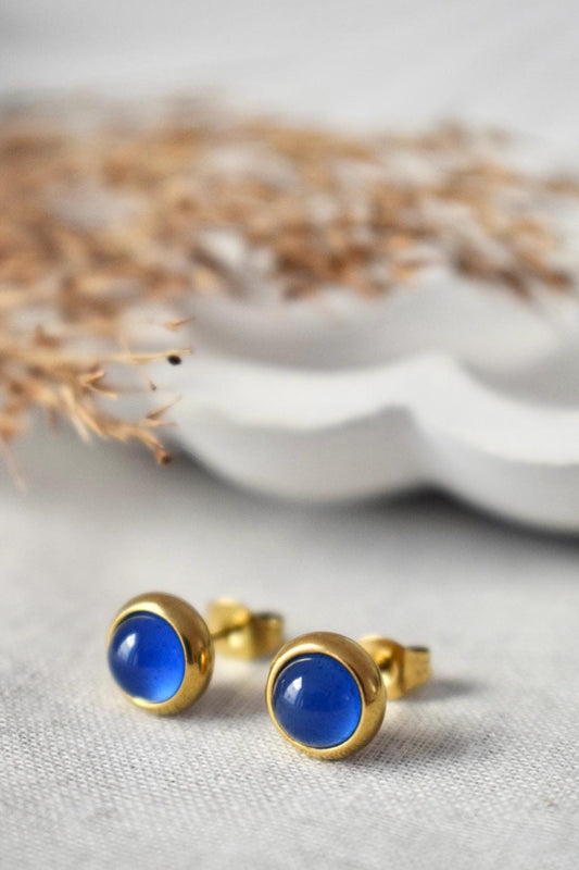 Mini Blue Agate Stud Earrings: 18k Gold Plated, Birthstone Jewelry