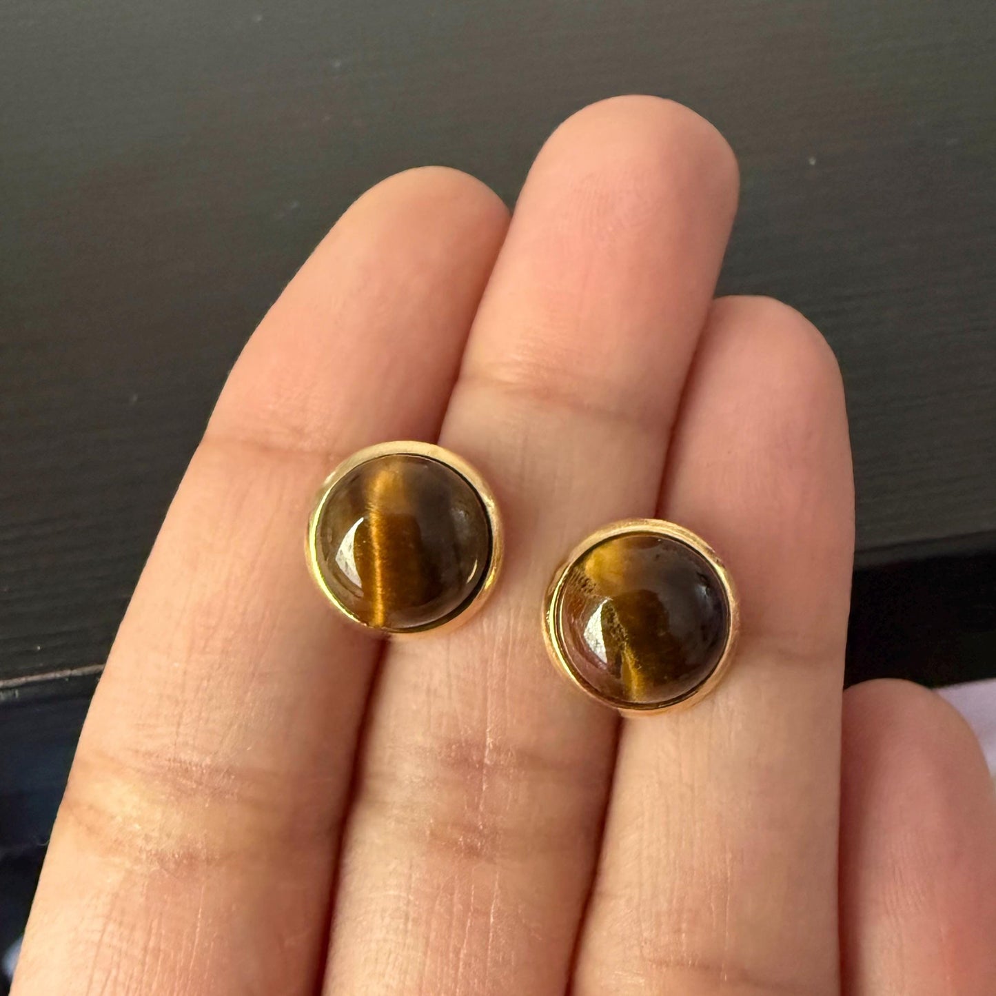 Golden Tiger Eye Stud Earrings, 18k Gold Plated Gemstone Jewelry