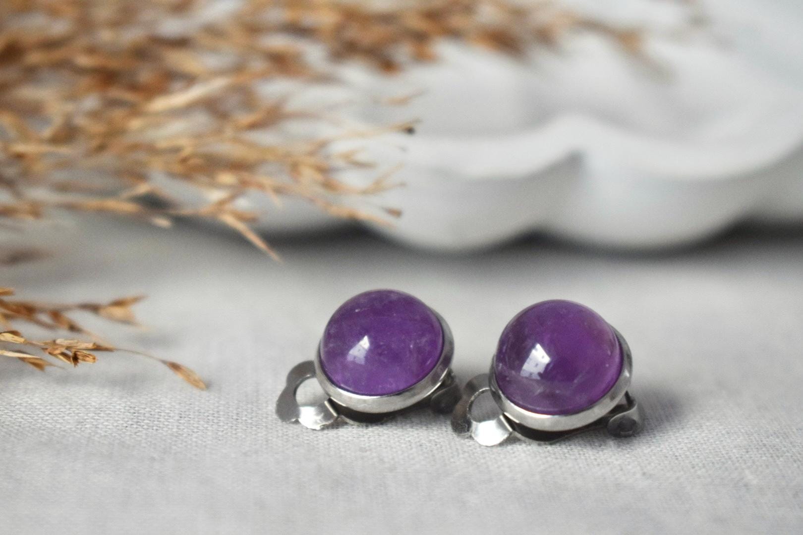 Amethyst Clip On Earrings, Stainless Steel, No Piercing Jewellery