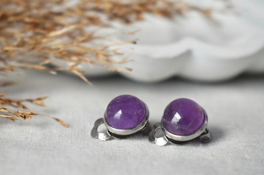 Amethyst Clip On Earrings, Stainless Steel, No Piercing Jewellery