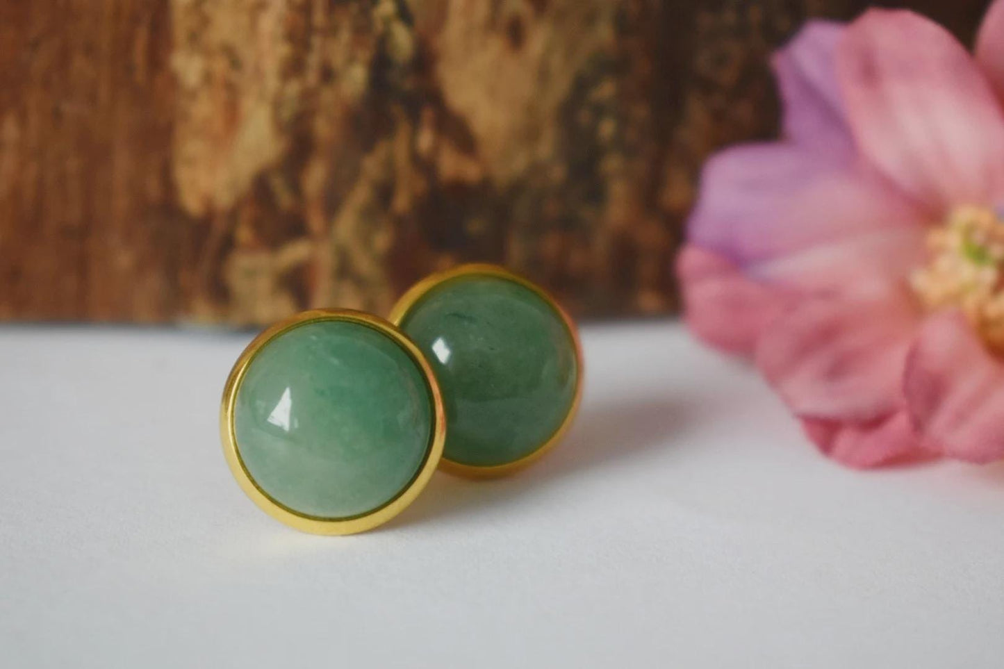 Green Aventurine Stud Earrings, 18k Gold Plated Stainless Steel Jewelry