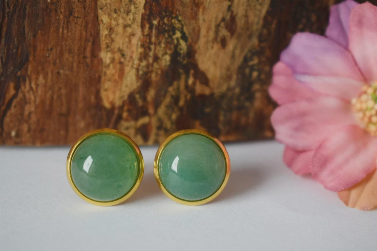 Green Aventurine Stud Earrings, 18k Gold Plated Stainless Steel Jewelry