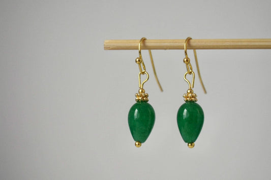 Green Jade Teardrop Earrings, Golden Gemstone Jewelry