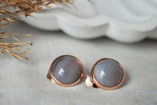 Rose gold clip on earrings, Gray agate gemstone ear clips, Non pierced jewelry