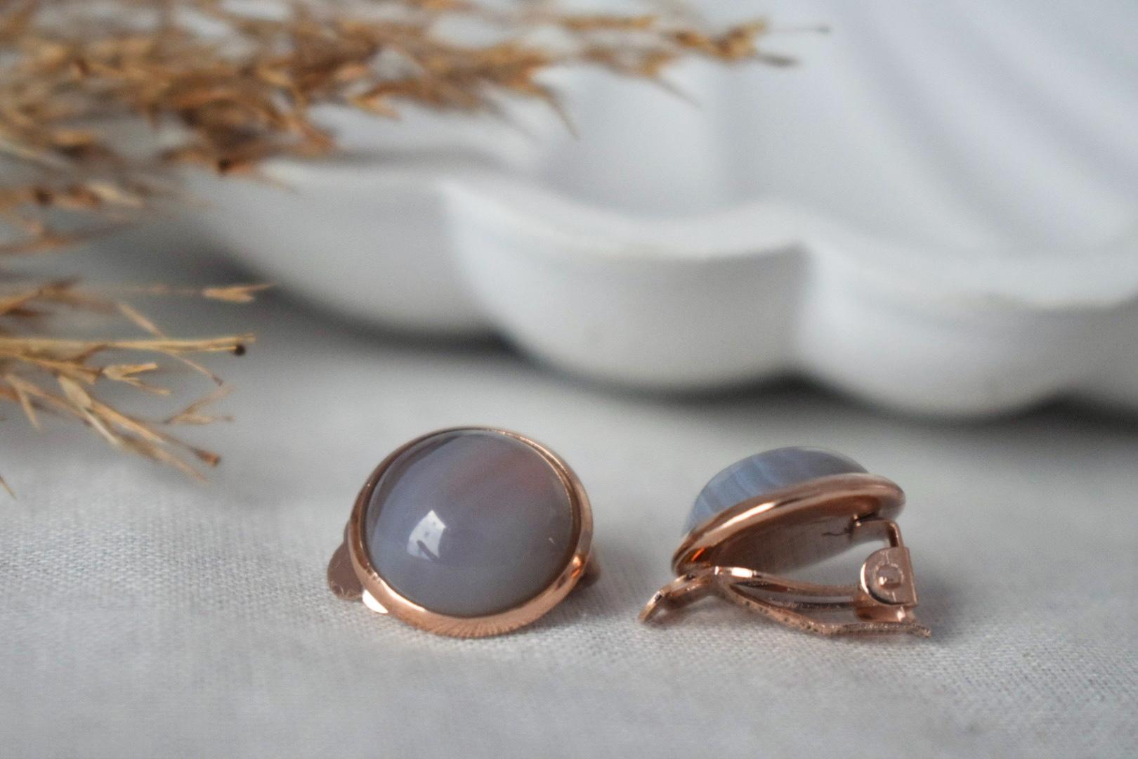 Rose gold clip on earrings, Gray agate gemstone ear clips, Non pierced jewelry