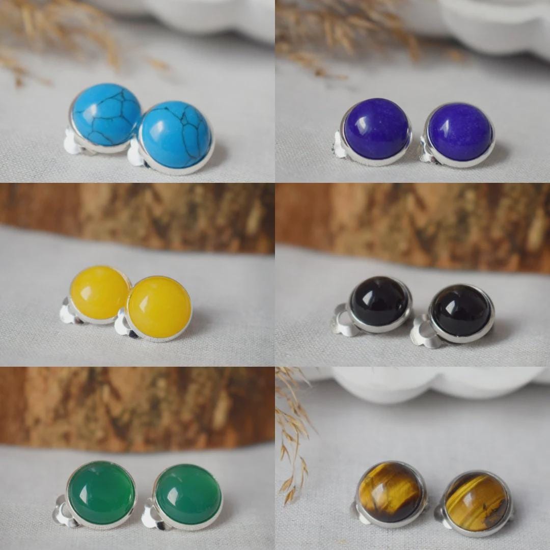 Rose gold clip on earrings, Gray agate gemstone ear clips, Non pierced jewelry