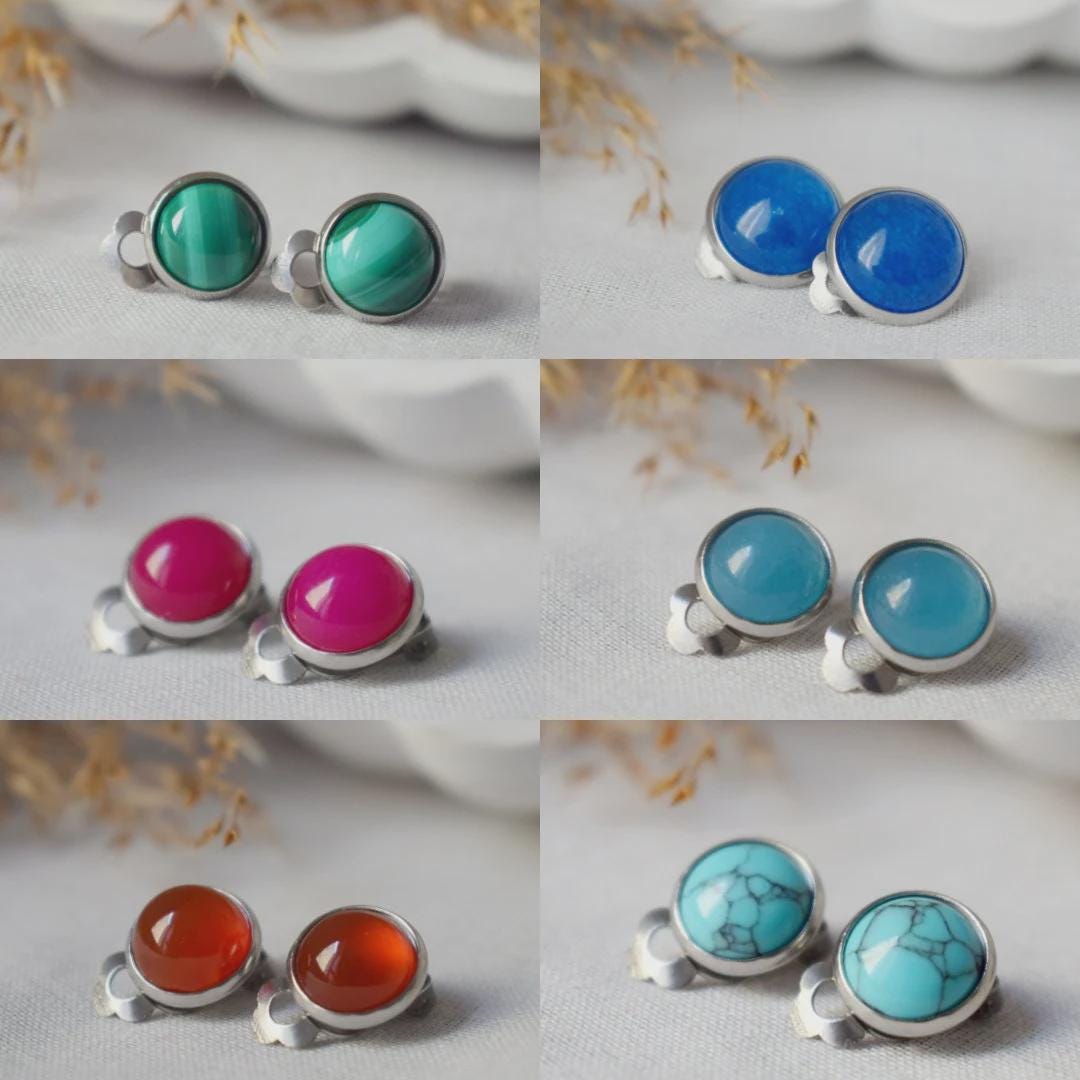 Rose gold clip on earrings, Gray agate gemstone ear clips, Non pierced jewelry