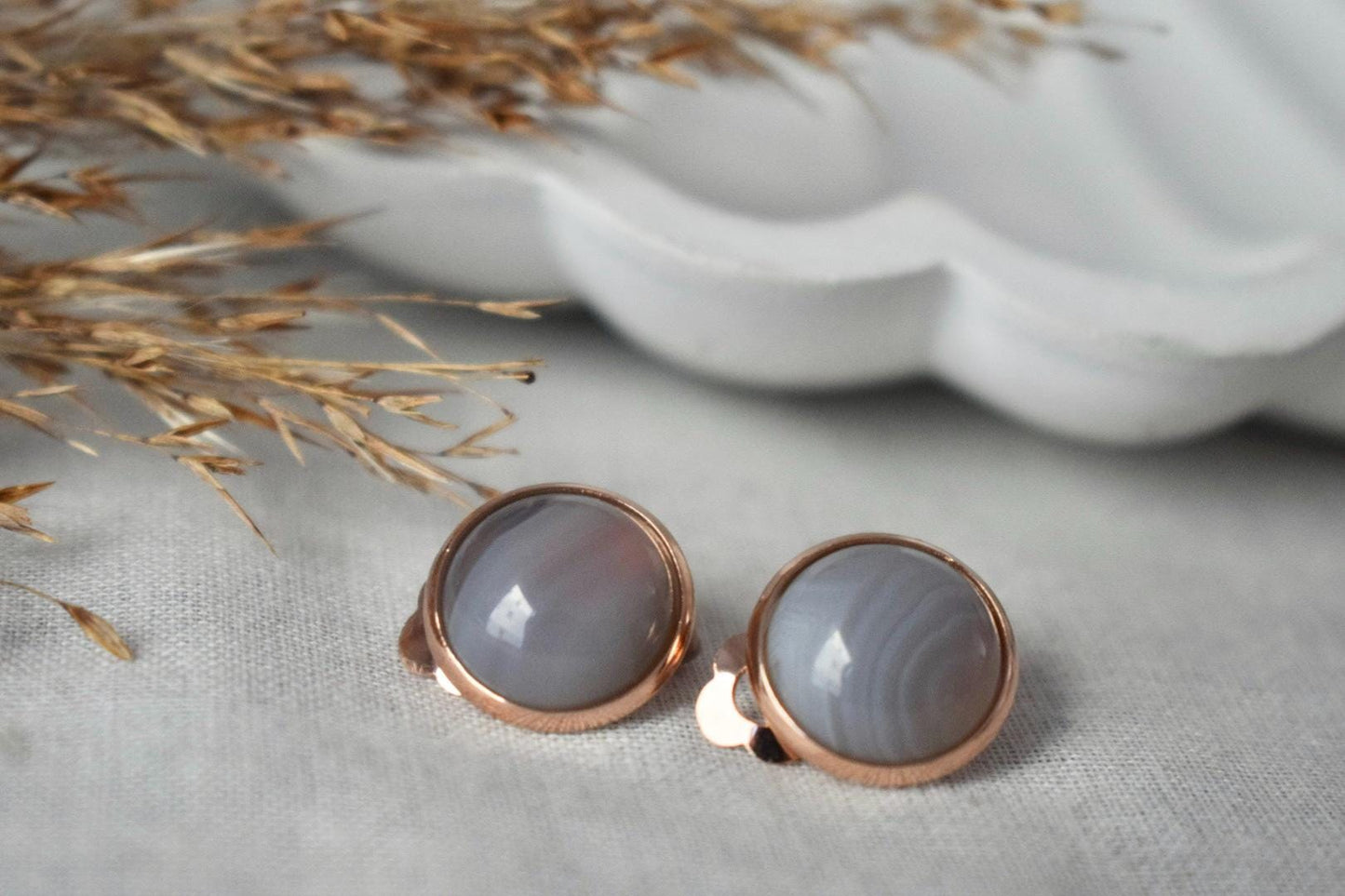 Rose gold clip on earrings, Gray agate gemstone ear clips, Non pierced jewelry