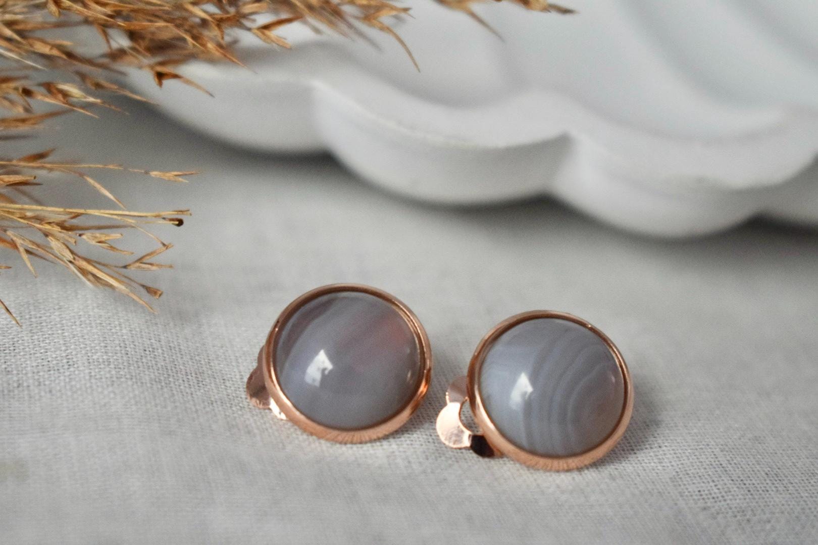 Rose gold clip on earrings, Gray agate gemstone ear clips, Non pierced jewelry