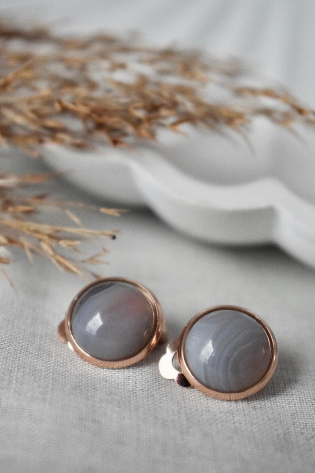Rose gold clip on earrings, Gray agate gemstone ear clips, Non pierced jewelry