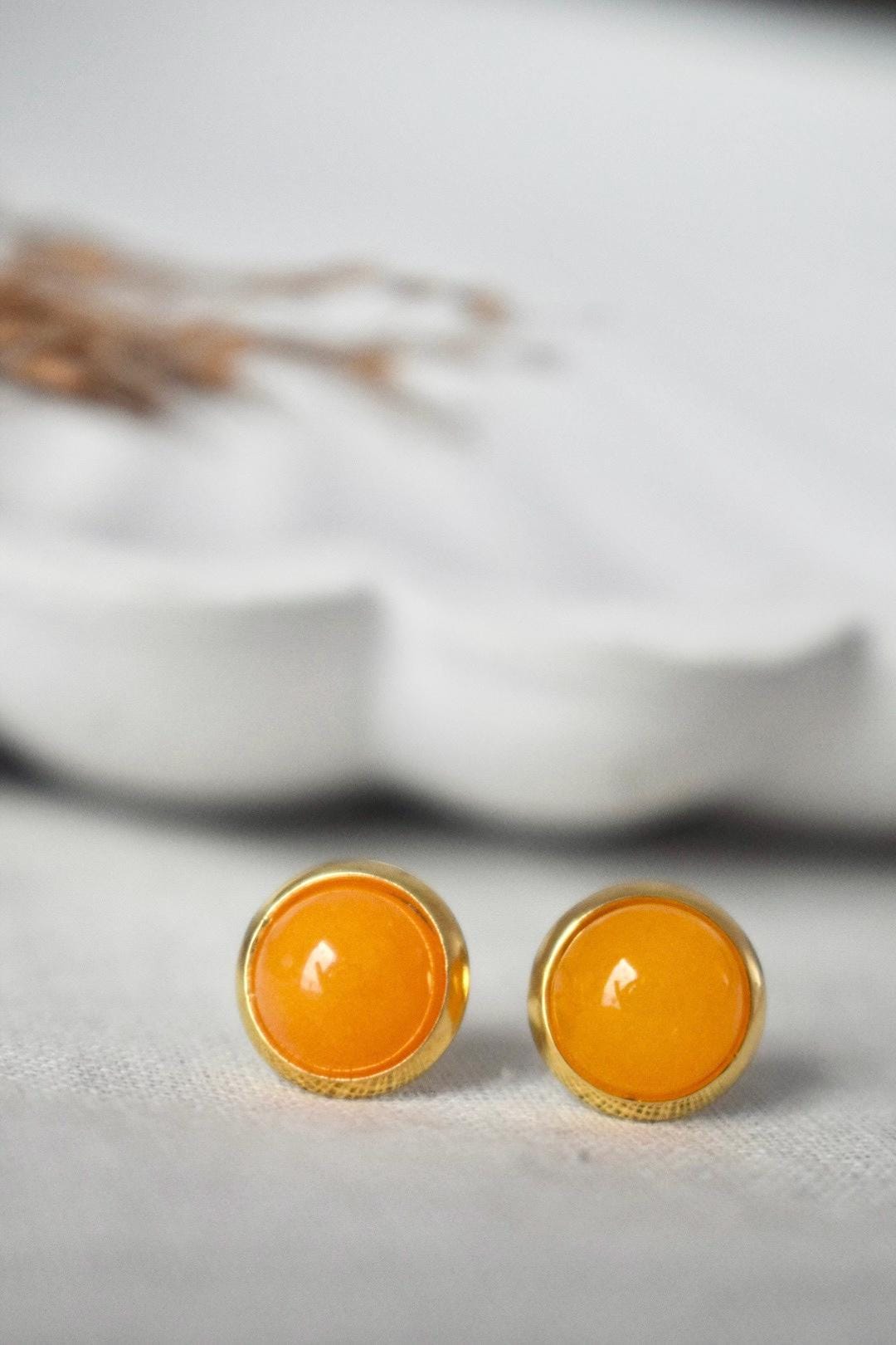 Yellow Jade Stud Earrings: 18k Gold Plated Stainless Steel Jewelry