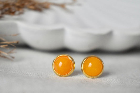 Yellow Jade Stud Earrings: 18k Gold Plated Stainless Steel Jewelry