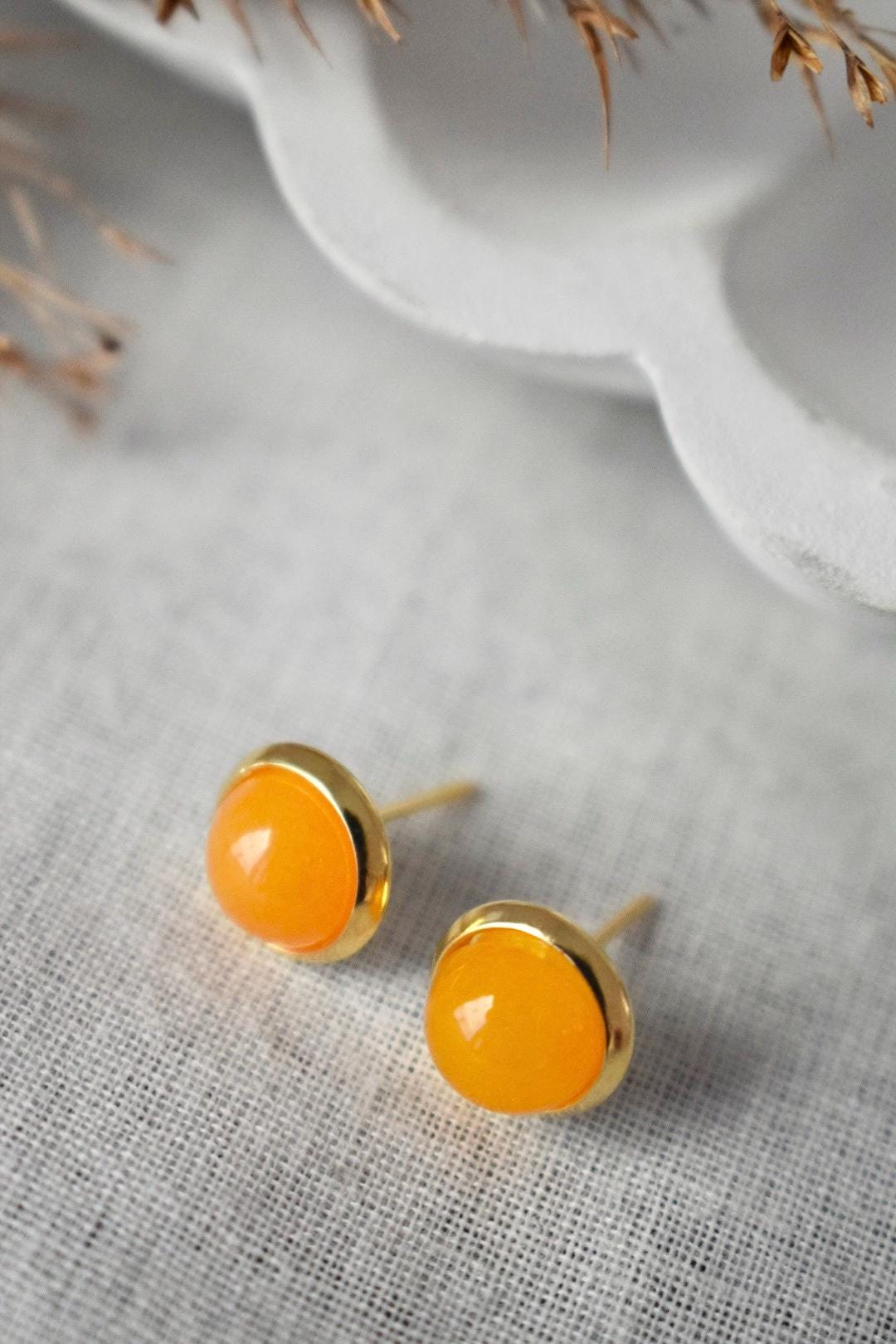 Yellow Jade Stud Earrings: 18k Gold Plated Stainless Steel Jewelry