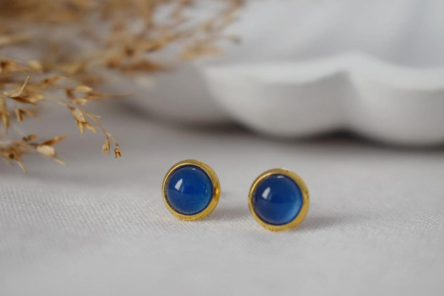 Mini Blue Agate Stud Earrings: 18k Gold Plated, Birthstone Jewelry