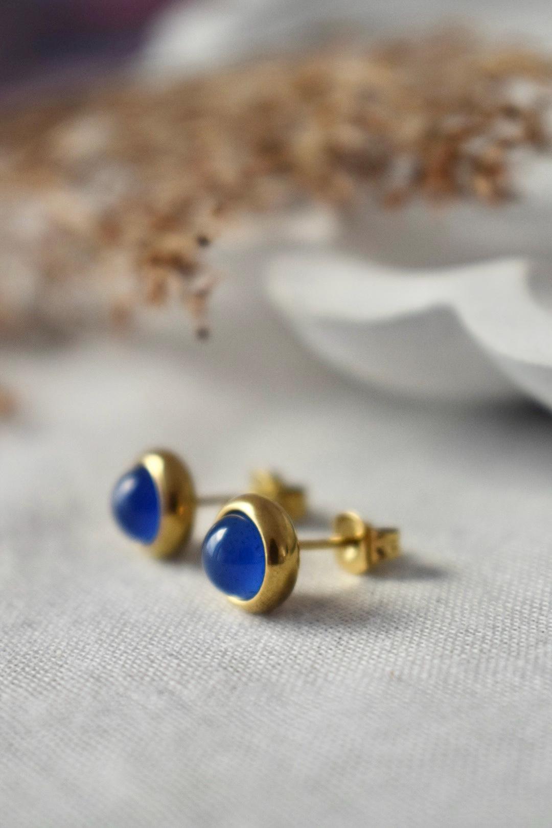 Mini Blue Agate Stud Earrings: 18k Gold Plated, Birthstone Jewelry