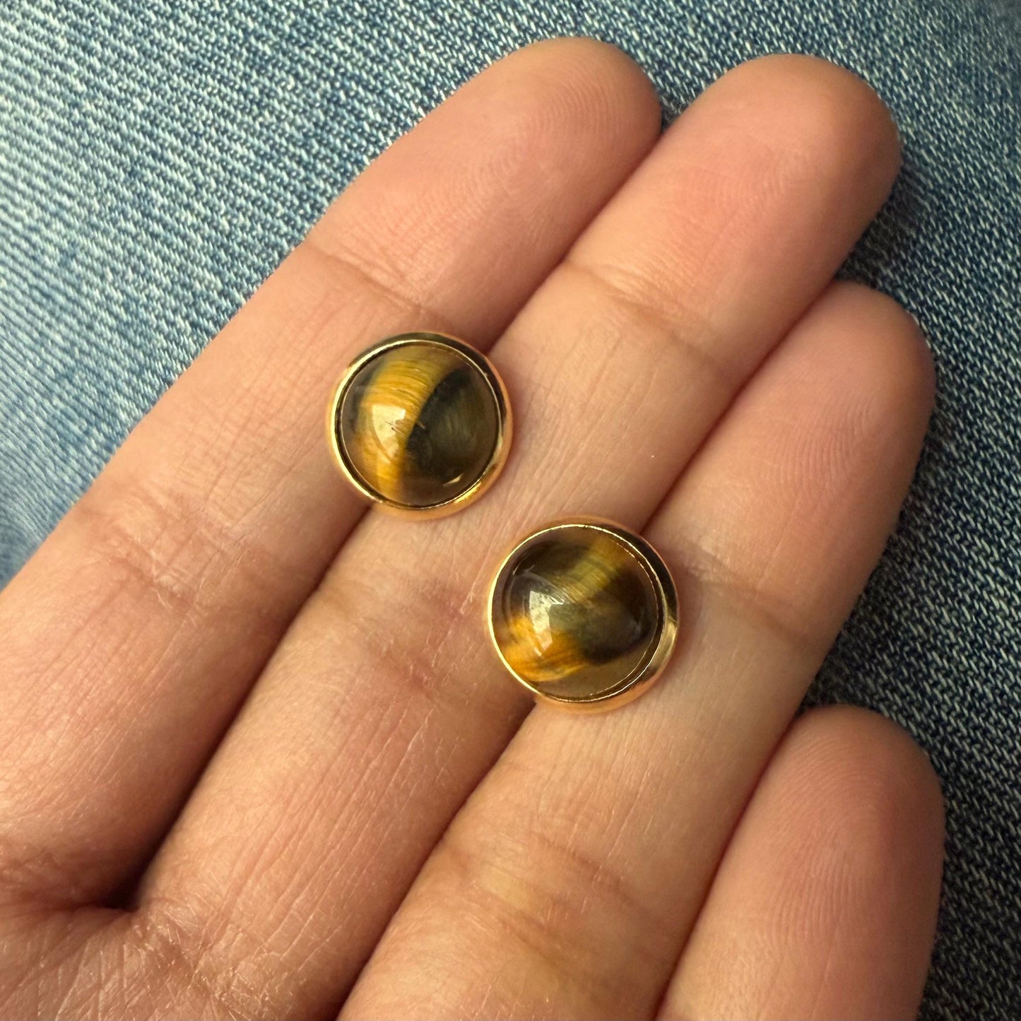 Golden Tiger Eye Stud Earrings, 18k Gold Plated Gemstone Jewelry