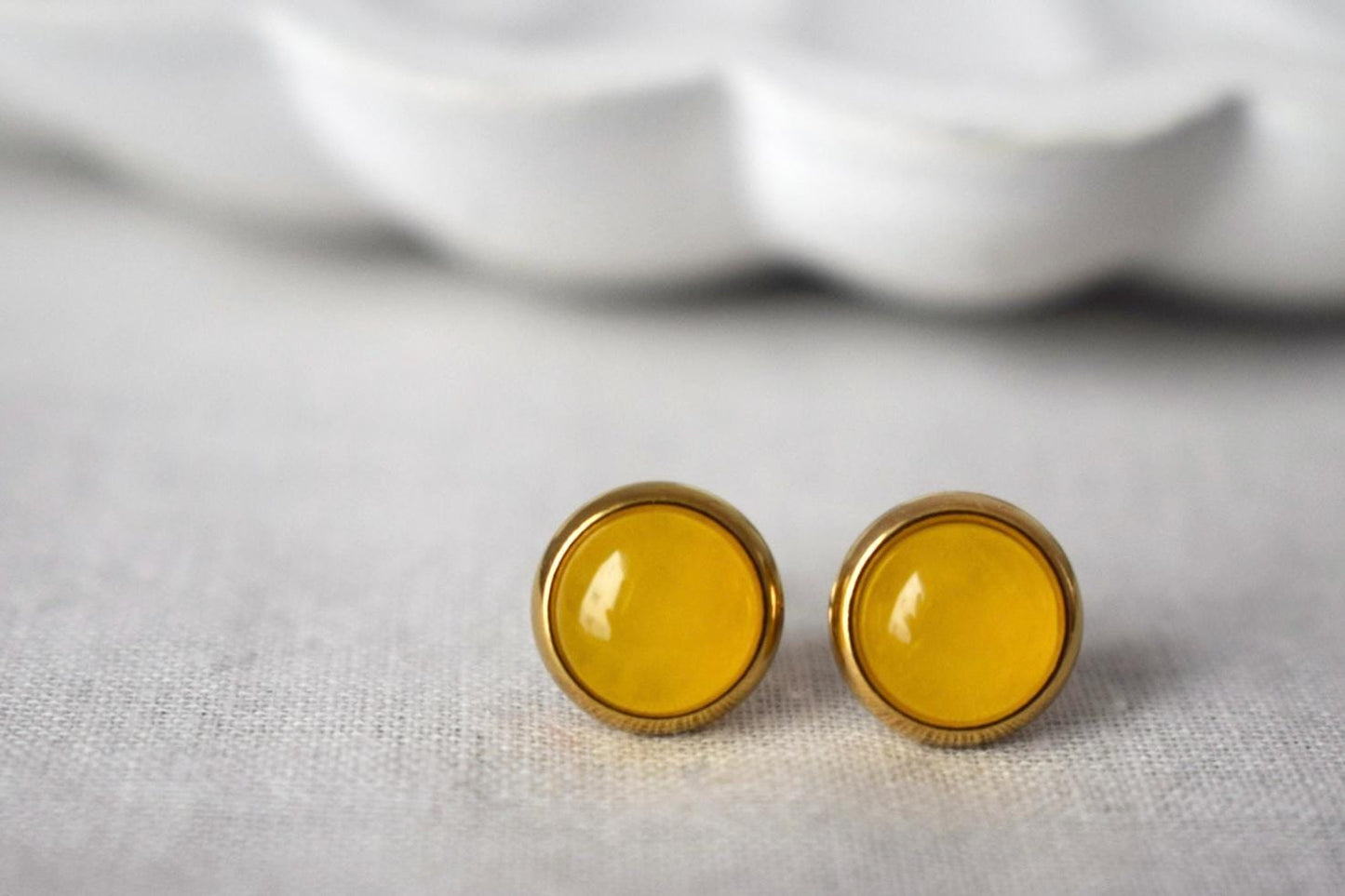Yellow jade stud earrings, Small gemstone jewelry, Gift for her