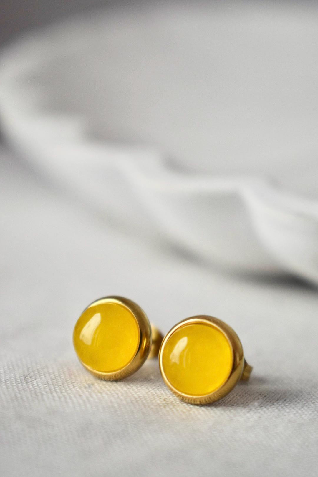 Yellow jade stud earrings, Small gemstone jewelry, Gift for her