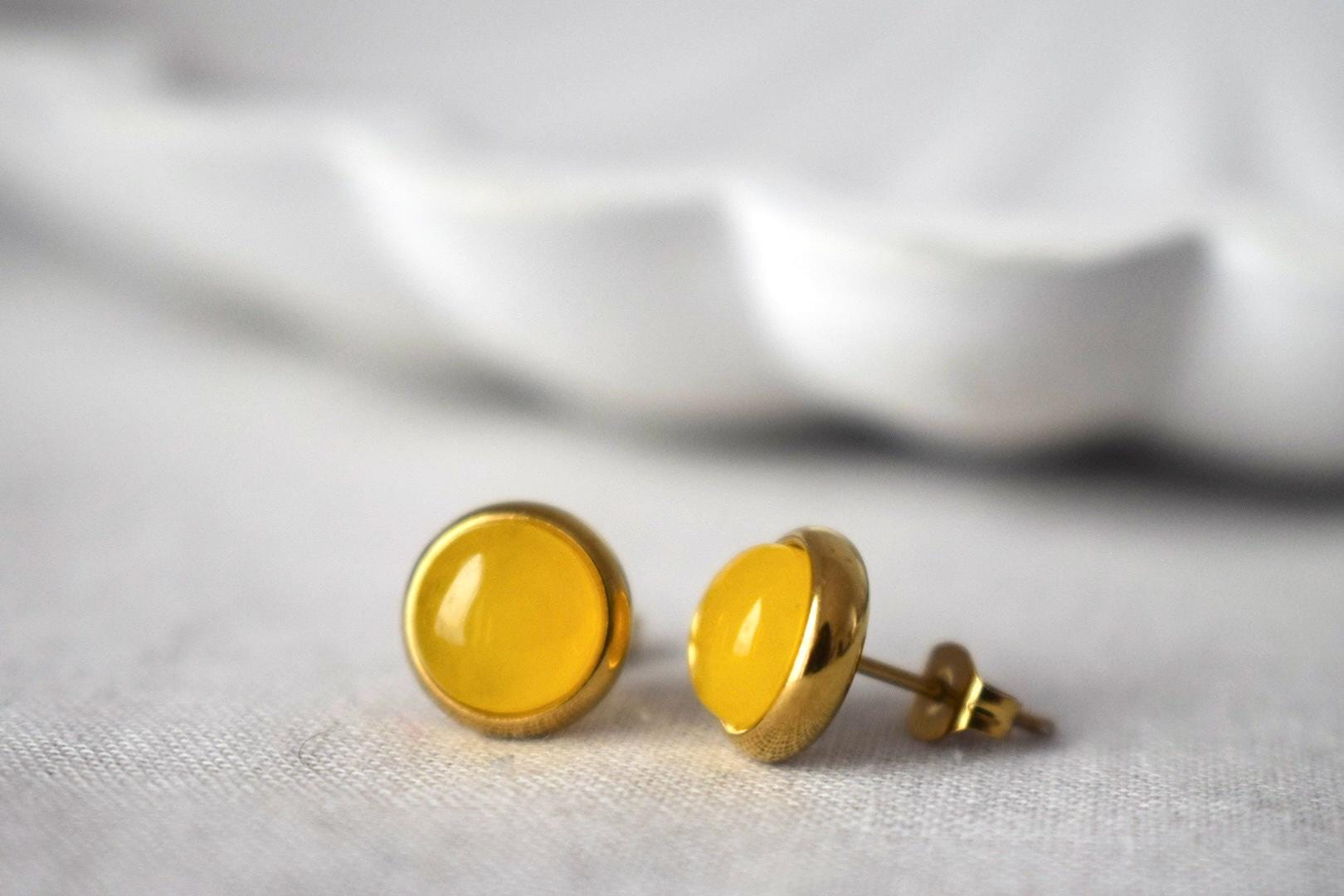 Yellow jade stud earrings, Small gemstone jewelry, Gift for her