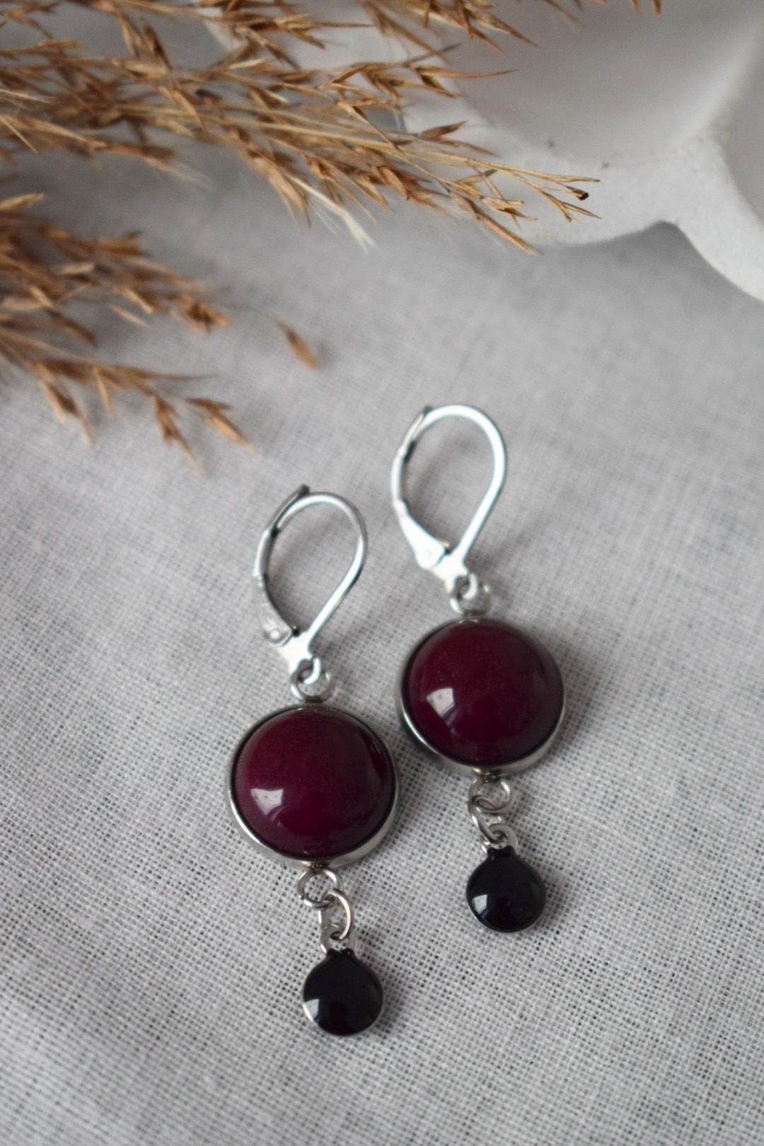 Red Jade Dangle Earrings: Stainless Steel Huggies with Enamel Pendant, Wine Red Jewelry