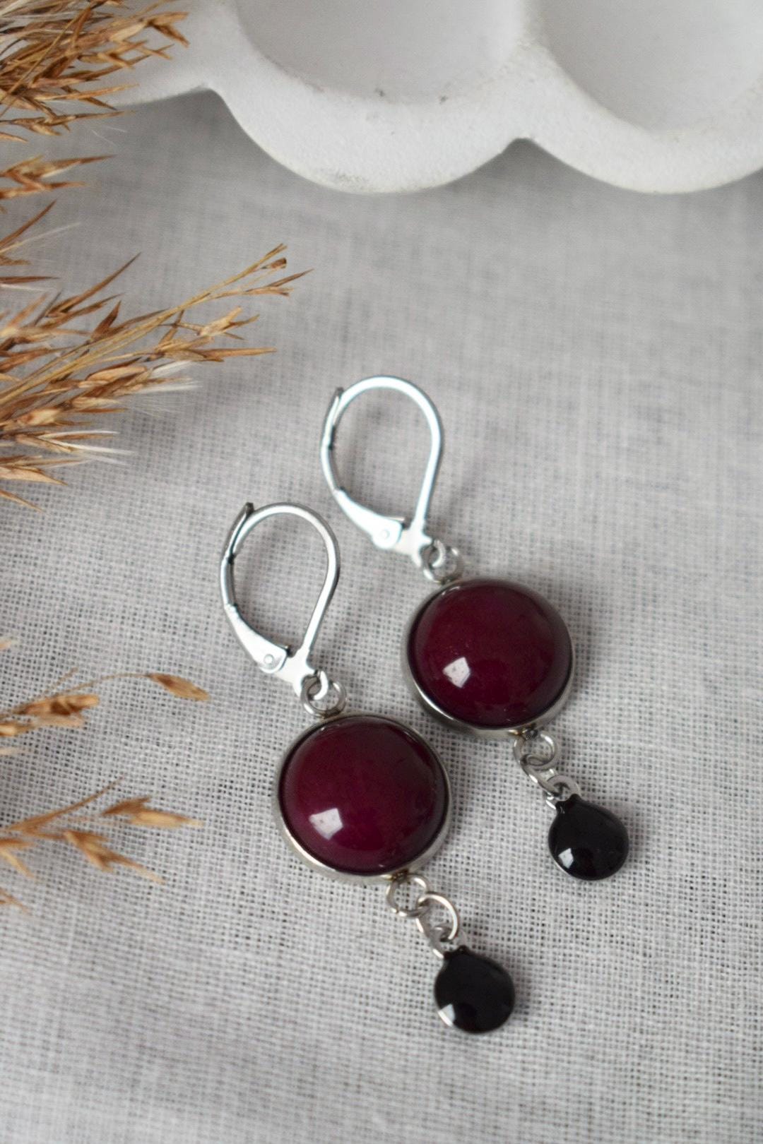 Red Jade Dangle Earrings: Stainless Steel Huggies with Enamel Pendant, Wine Red Jewelry