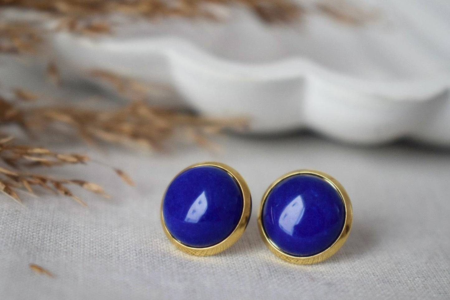 Jade blue stud earrings, Gemstone post earrings, Push back jewelry, Gift for her