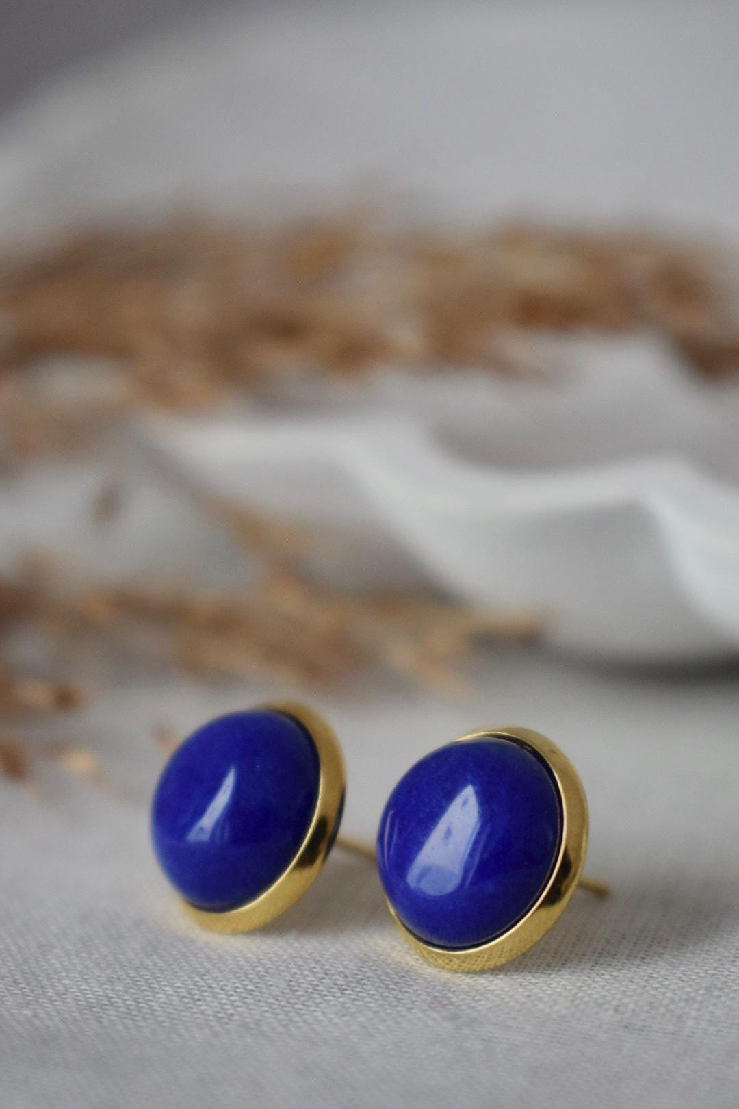 Jade blue stud earrings, Gemstone post earrings, Push back jewelry, Gift for her