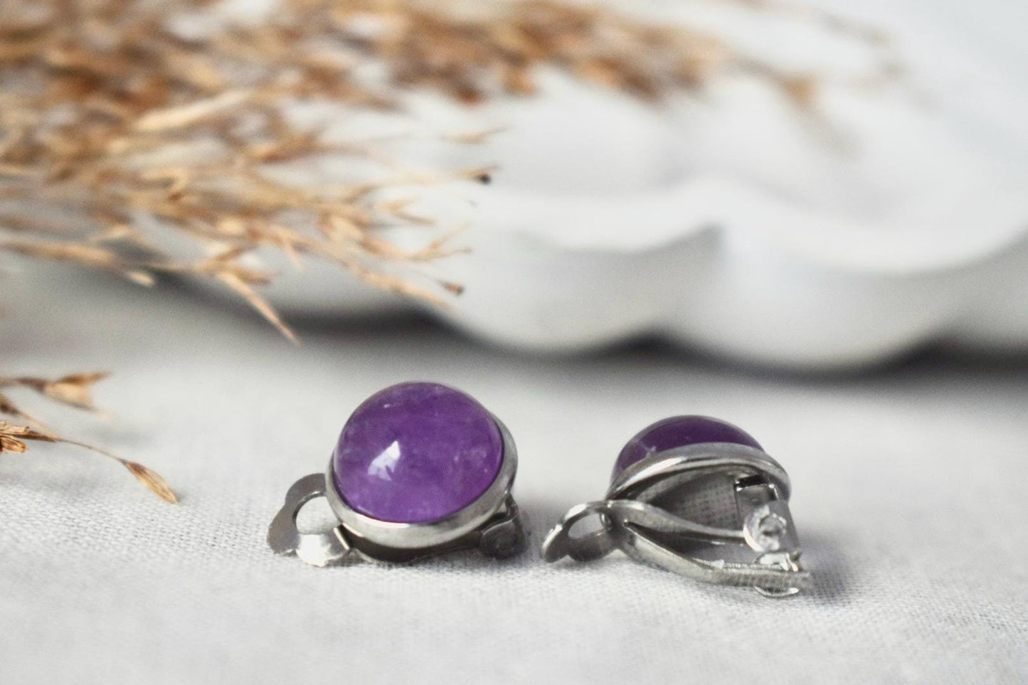 Amethyst Clip On Earrings, Stainless Steel, No Piercing Jewellery