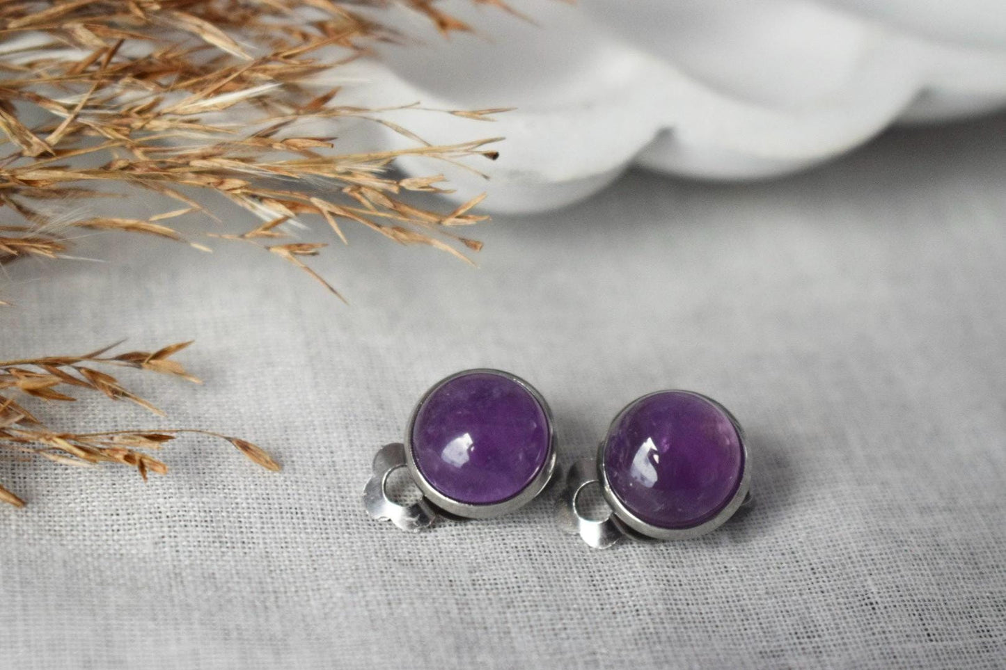 Amethyst Clip On Earrings, Stainless Steel, No Piercing Jewellery