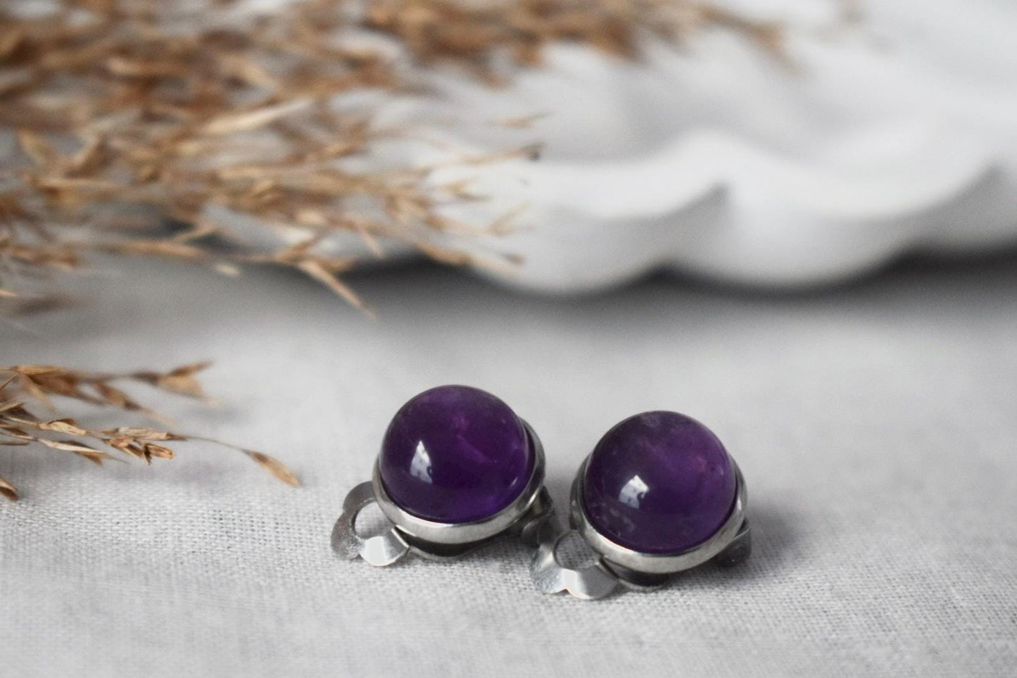 Amethyst Clip On Earrings, Stainless Steel, No Piercing Jewellery