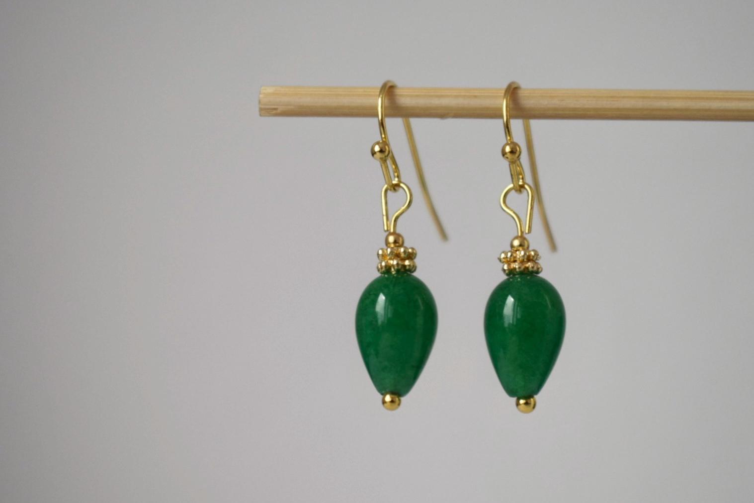 Green Jade Teardrop Earrings, Golden Gemstone Jewelry
