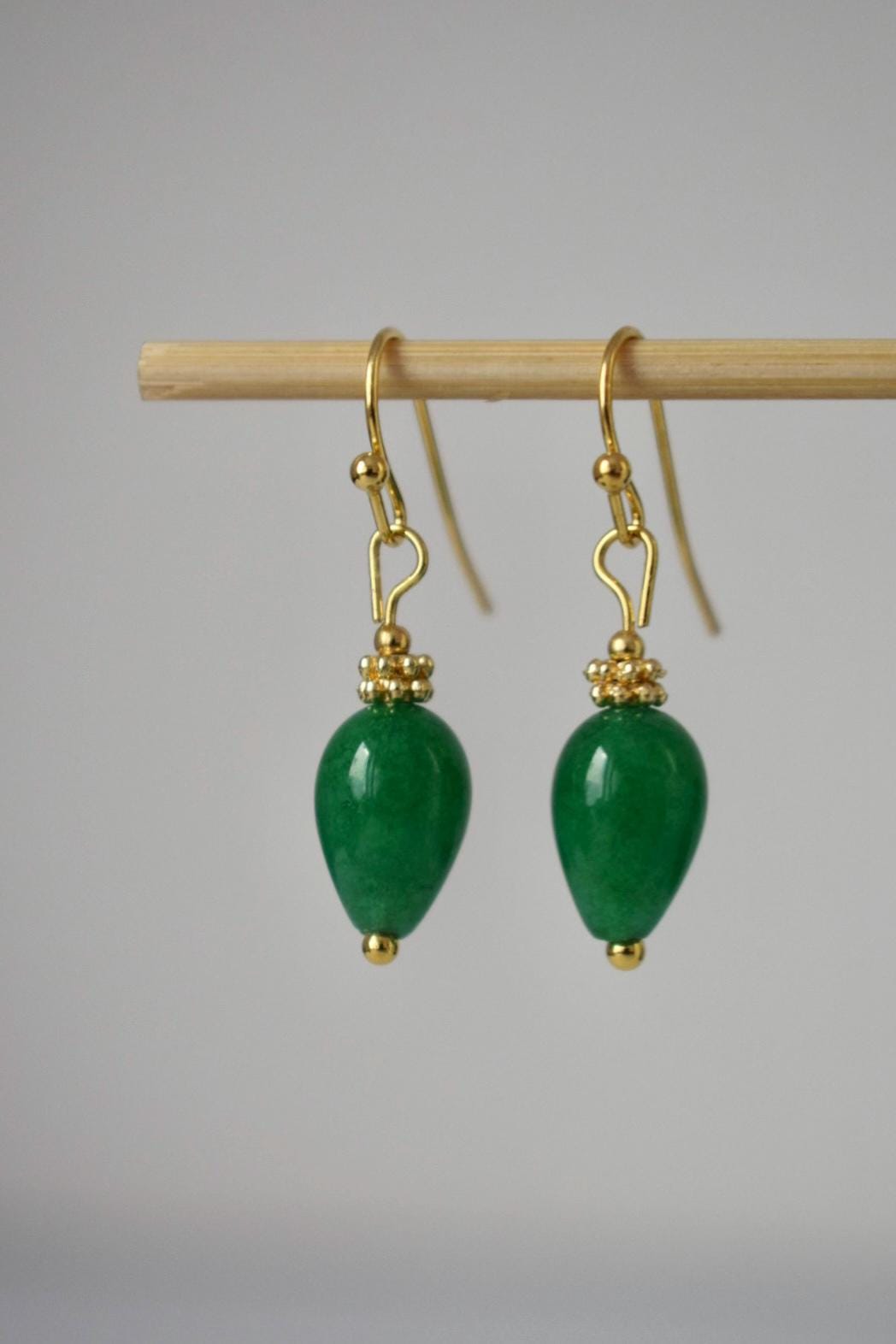 Green Jade Teardrop Earrings, Golden Gemstone Jewelry