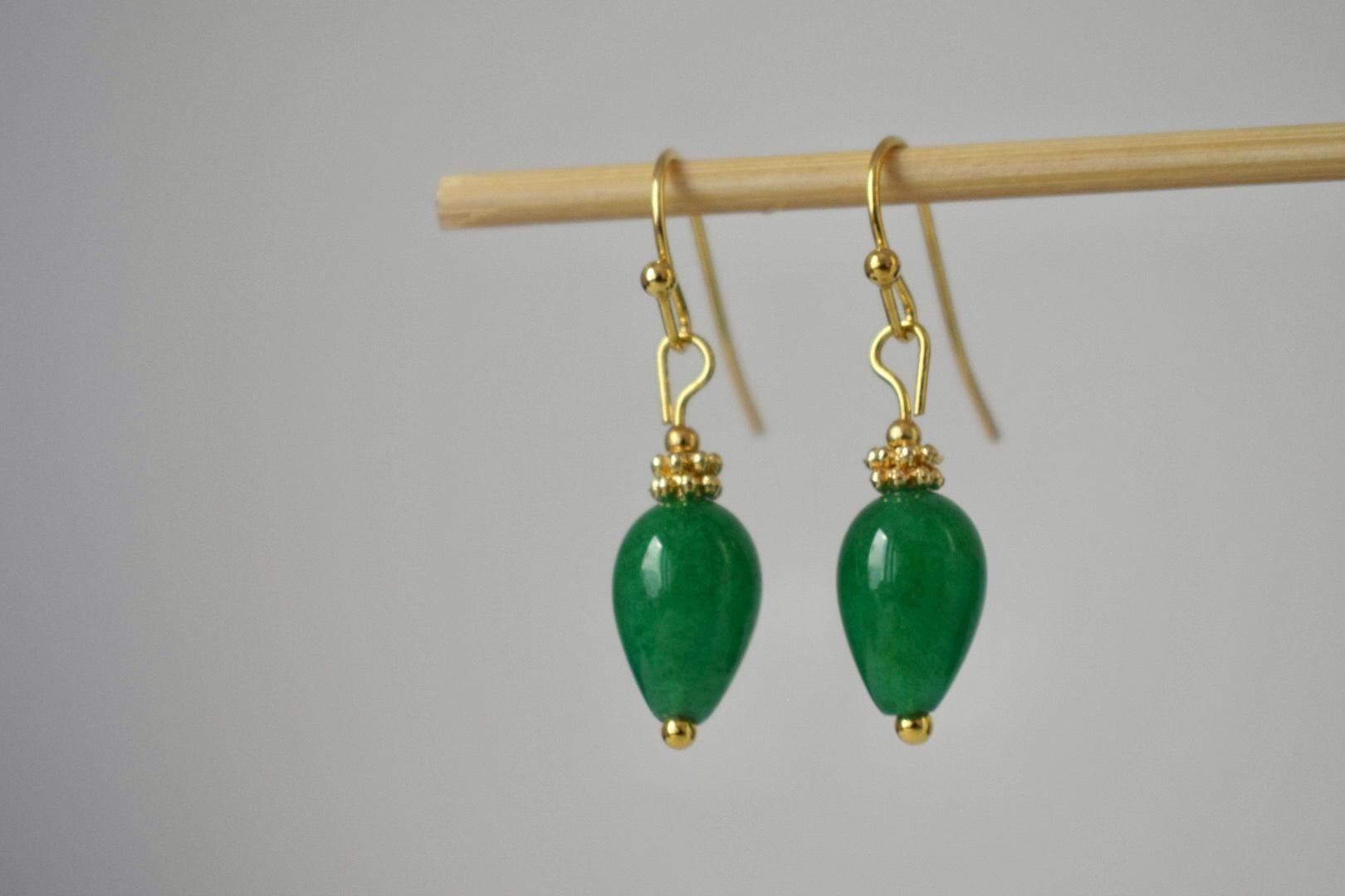 Green Jade Teardrop Earrings, Golden Gemstone Jewelry