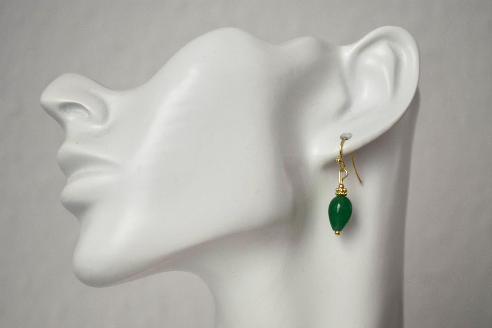 Green Jade Teardrop Earrings, Golden Gemstone Jewelry