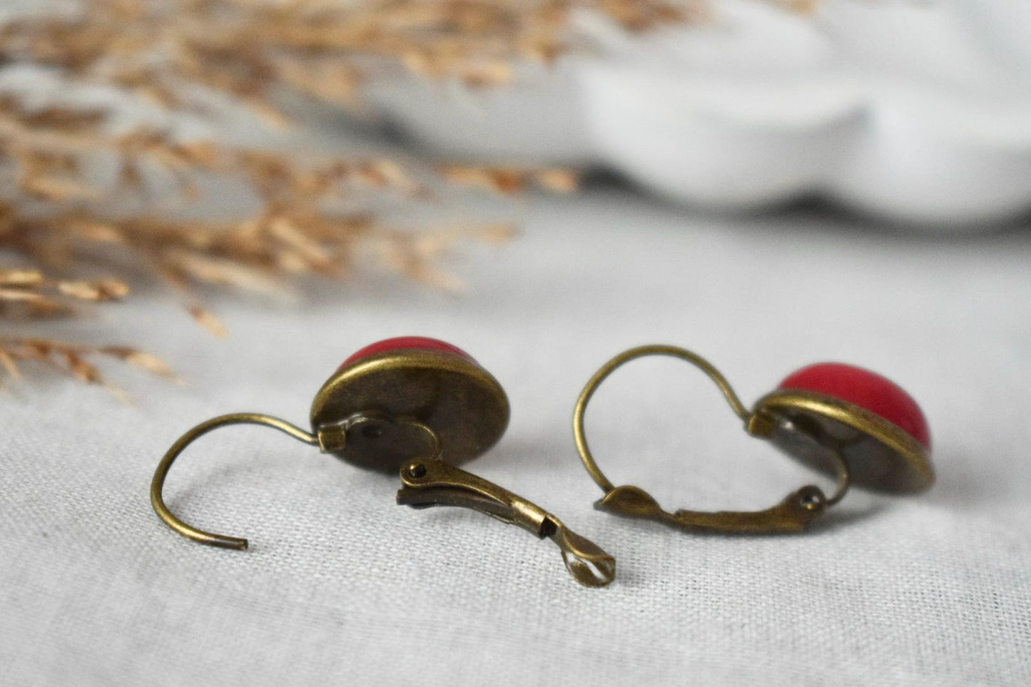 Red Jade Dangle Earrings: Antique Bronze Colour Lever Back, Vintage Gemstone Jewelry