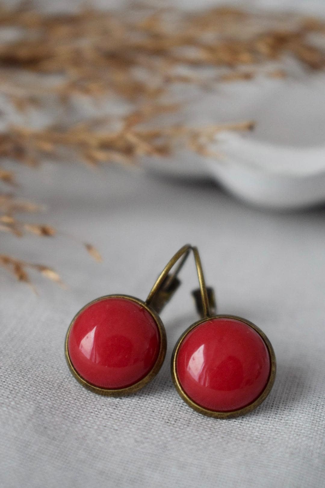 Red Jade Dangle Earrings: Antique Bronze Colour Lever Back, Vintage Gemstone Jewelry