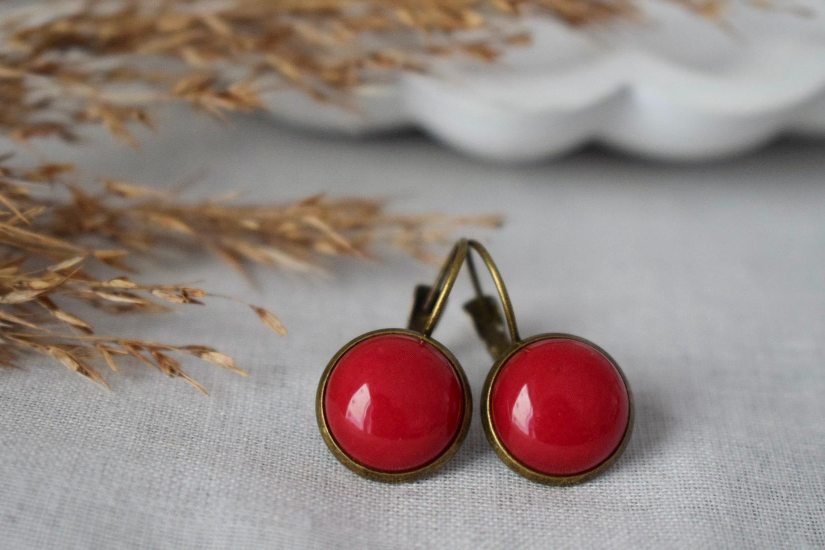 Red Jade Dangle Earrings: Antique Bronze Colour Lever Back, Vintage Gemstone Jewelry