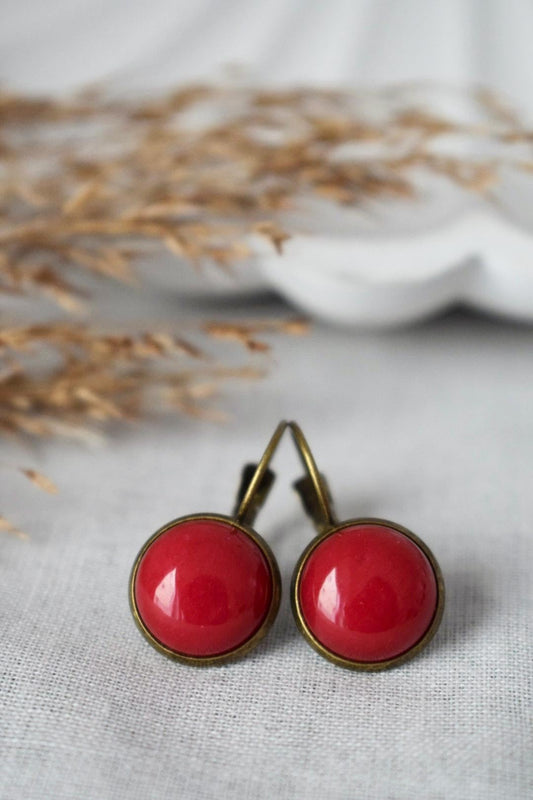 Red Jade Dangle Earrings: Antique Bronze Colour Lever Back, Vintage Gemstone Jewelry