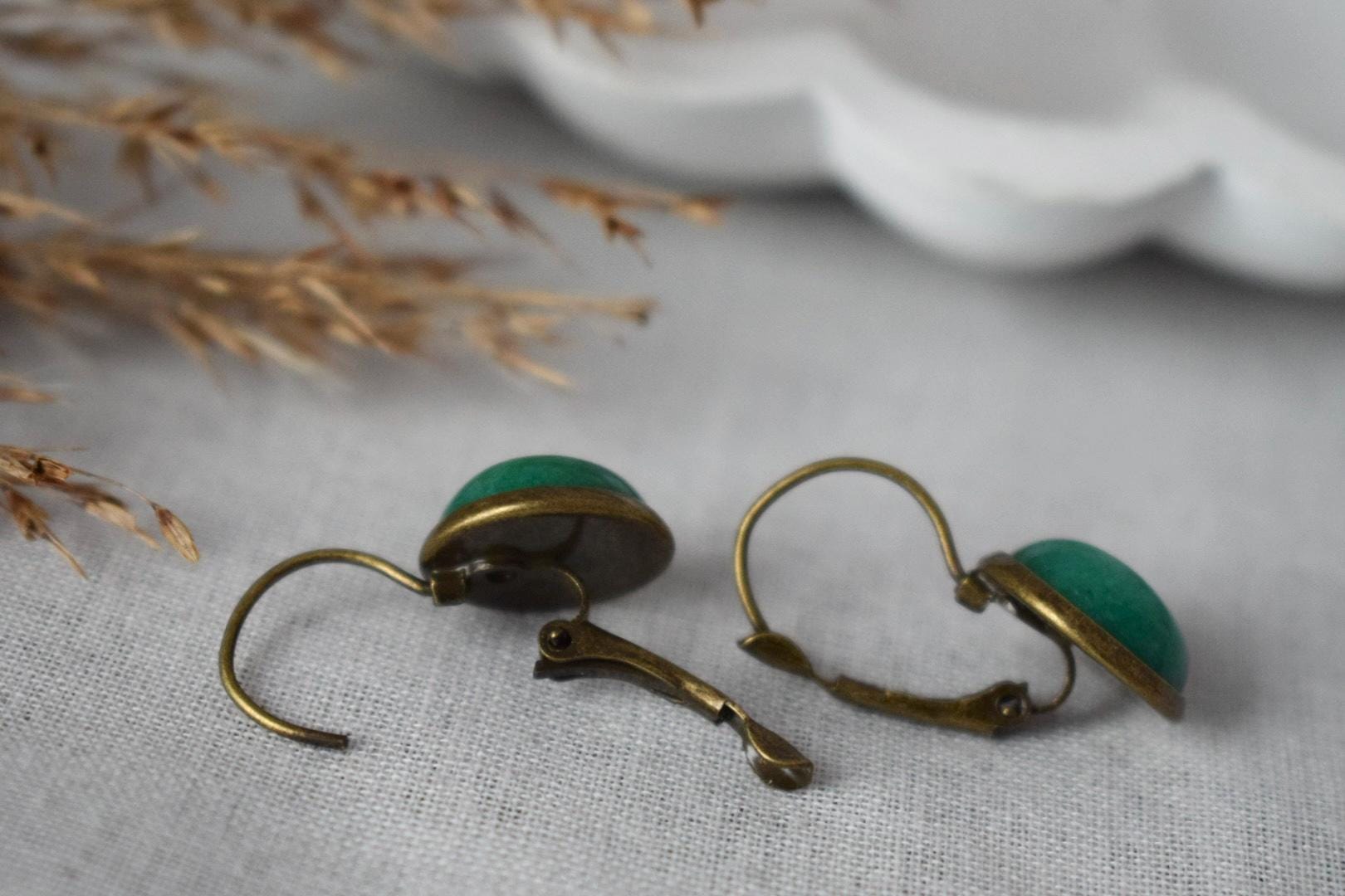 Green Jade Dangle Earrings, Vintage Gemstone Earrings, Jewelry Gift For Her