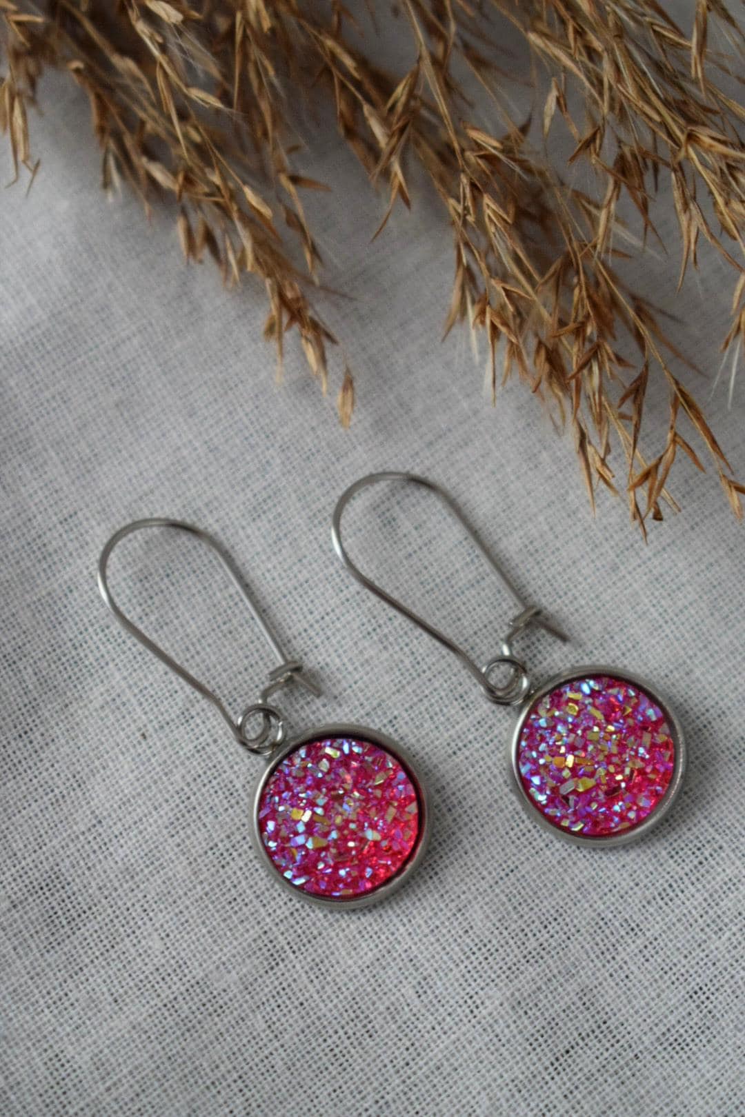Pink Druzy Earrings, Small 12mm Stainless Steel Dangle Earrings, Sparkly Drop Earrings, Glitter Jewelry for Women, Gift for Her