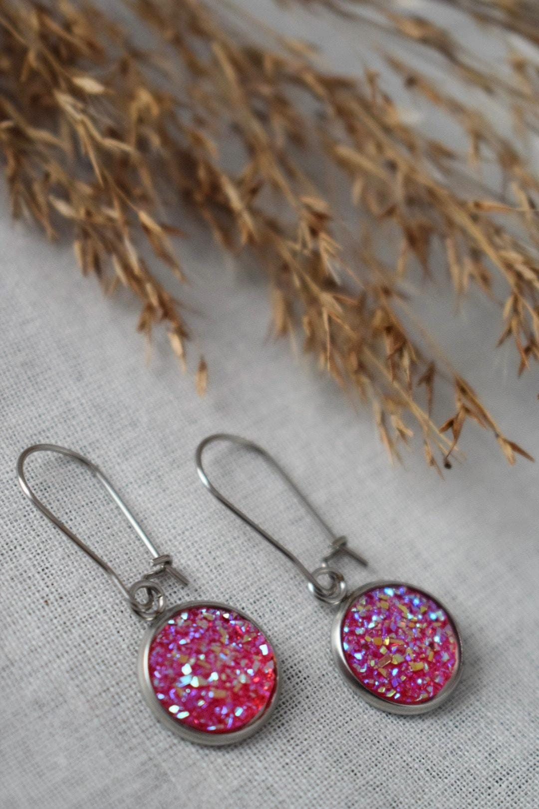 Pink Druzy Earrings, Small 12mm Stainless Steel Dangle Earrings, Sparkly Drop Earrings, Glitter Jewelry for Women, Gift for Her