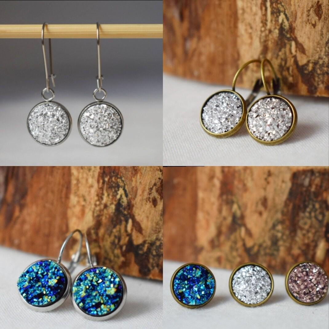Pink Druzy Earrings, Small 12mm Stainless Steel Dangle Earrings, Sparkly Drop Earrings, Glitter Jewelry for Women, Gift for Her