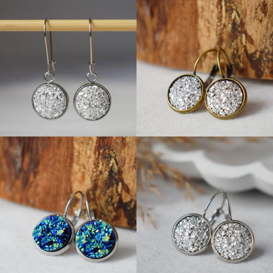 Pink Druzy Earrings, Small 12mm Stainless Steel Dangle Earrings, Sparkly Drop Earrings, Glitter Jewelry for Women, Gift for Her