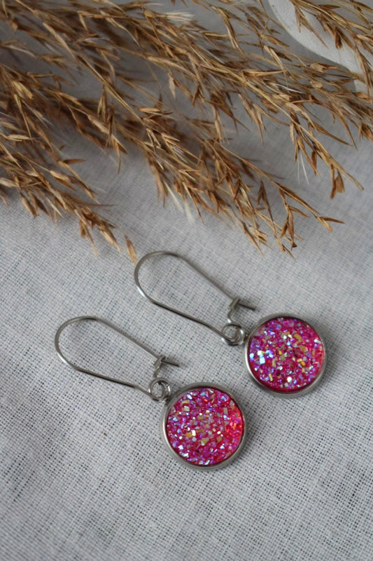 Pink Druzy Earrings, Small 12mm Stainless Steel Dangle Earrings, Sparkly Drop Earrings, Glitter Jewelry for Women, Gift for Her