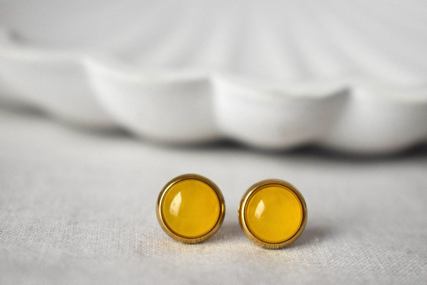 Yellow jade stud earrings, Small gemstone jewelry, Gift for her