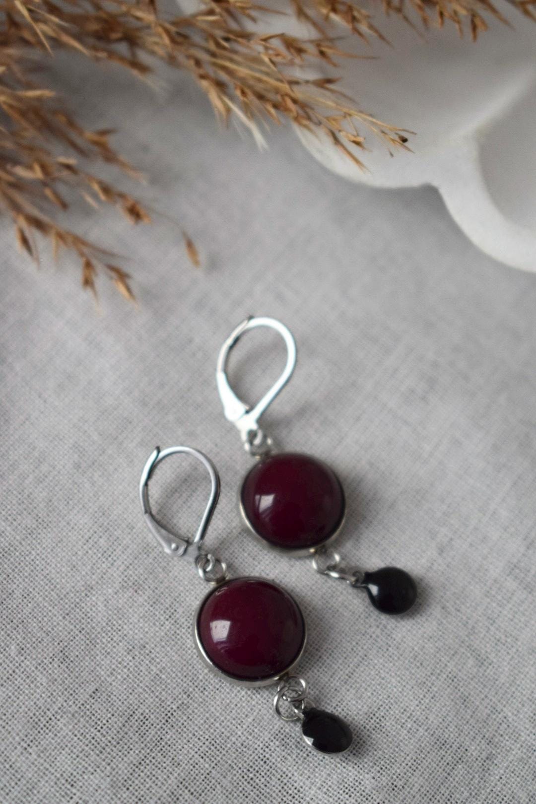 Red Jade Dangle Earrings: Stainless Steel Huggies with Enamel Pendant, Wine Red Jewelry