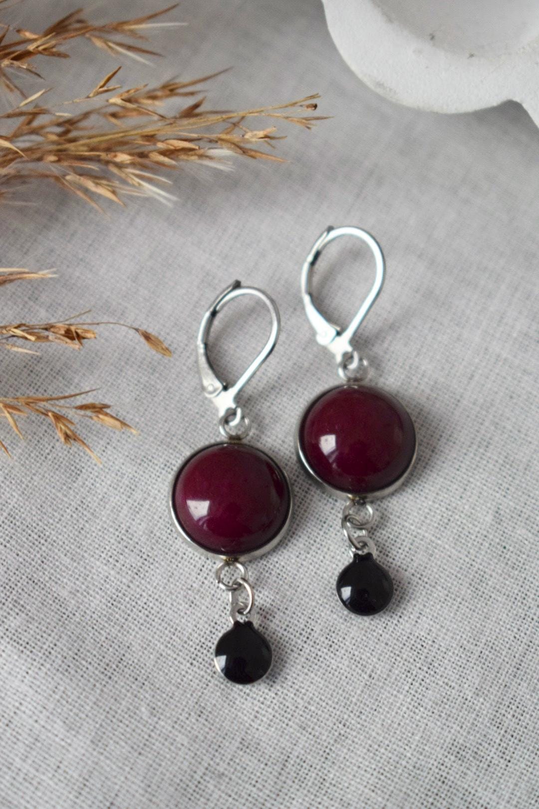 Red Jade Dangle Earrings: Stainless Steel Huggies with Enamel Pendant, Wine Red Jewelry